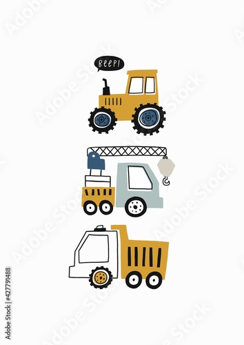 Hand drawn cute cars - Truck, tractor, cargo crane, bulldozer, excavator. Vector set with cute cars for fabric, textile and wallpaper design. Vector cars in scandinavian style