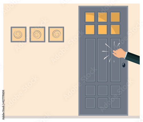 A knock on the door. The man's hand is knocking on the door. Please allow me to enter the room. Office space. Persistent businessman, client, manager, guest or salesperson. The light is on. Vector
