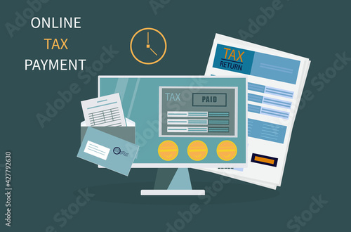 Online tax, electronic payment. Tax form, return. Digital transfer of funds, financial transactions, registration of data on time,on schedule with receipt. Internet payments, bank according, calendar.