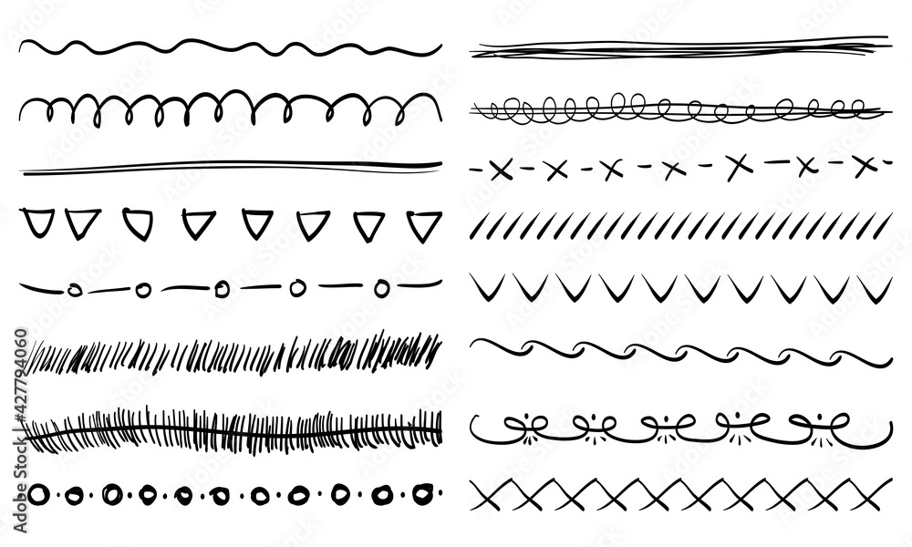 Fototapeta premium Doodle set of Hand Drawn Text Dividers, artistic pen brushes, Borders, Lines and laurels design elements. Vector illustration