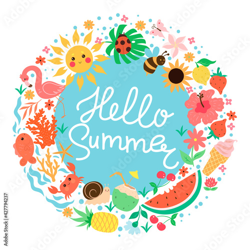Round summer composition and inscription hello summer.Vector graphics.