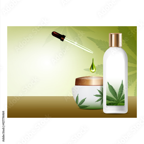 Herbal Conditioner Creative Promo Poster Vector. Herbal Conditioner And Hair Mask Blank Bottle And Container, Essential Drop Dropping From Pipette Advertise Banner. Style Concept Template Illustration
