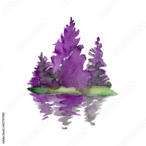 Watercolor picture of forest with pine trees, fir, cedar. Abstract vintage spots of Violet. On a white background. Postcard, logo. Country forest landscape.Autumn, winter forest in a haze.