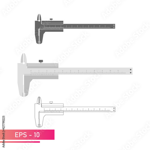 A set of calipers with a numerical scale. Realistic, lines and solid color design. Tools for technical specialists. Flat vector illustration.