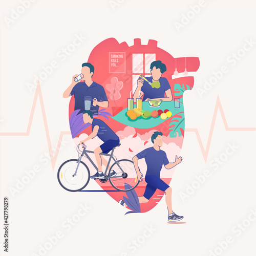 flat illustration of man drinking water, man rides a bike, man jogging and man eat healthy food like a fruit in silhouette of heart, healthy lifestyle for healthy heart, world heart day vector