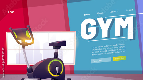 Gym poster, fitness club and online workout. Concept of sport training program with physical and cardio exercises. Vector banner with subscribe button and cartoon interior of gymnastic center