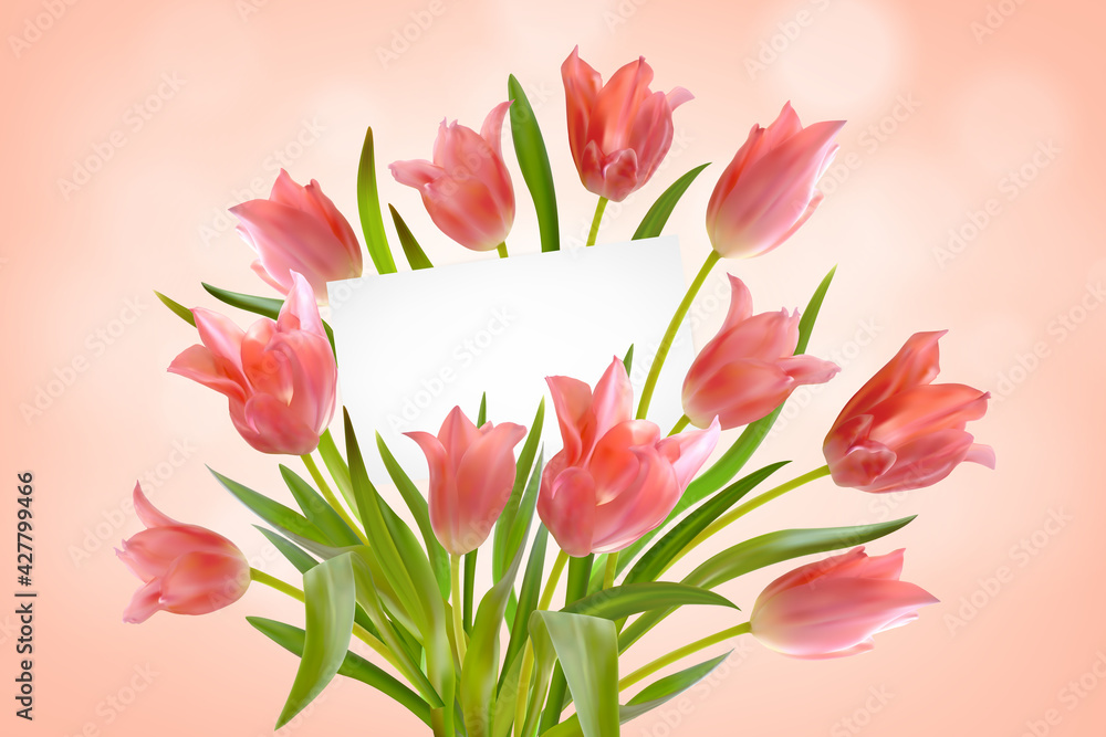 Bouquet of realistic tulips with greeting card on pink background. Paper card in bright beautiful bouquet of tulips flowers and leaves. Postcard with space for text. Vector illustration Bouquet of realistic tulips with greeting card on pink background. Paper card in bright beautiful bouquet of tulips flowers and leaves. Postcard with space for text. Vector illustration