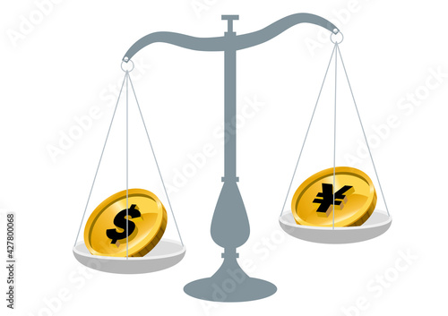 ドル高円安　日本円とドルお金を比べる天秤ばかりのイラスト　外国為替　外貨投資外貨預金のイメージイラスト