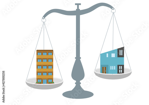 一戸建て住宅とマンションを比べる天秤ばかりのイラスト　住宅ローン不動産売却のイメージ