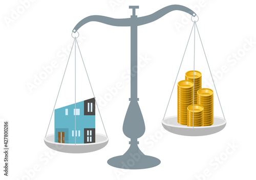 一戸建て住宅とお金を比べる天秤ばかりのイラスト　住宅ローン不動産売却のイメージ