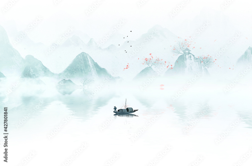 Chinese style blue mood landscape painting Chinese style blue mood landscape painting