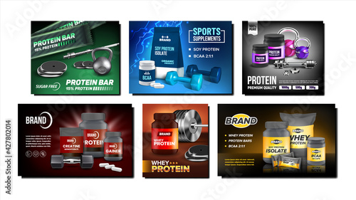 Sports Supplements Promotional Posters Set Vector. Protein Bar And Whey, Bcaa And Creatine Monohydrate Sports Supplements Collection Of Advertising Banners. Style Concept Template Illustrations