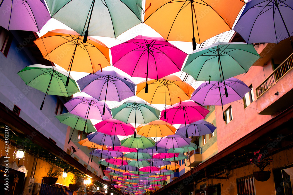 top roof colorful umbrellas