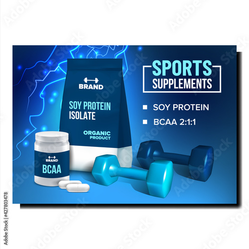 Sports Supplements Nutrient Promo Banner Vector. Soy Protein And Bcaa Sports Supplements Blank Packages, Dumbbell Sportive Tool On Advertise Poster. Organic Product Style Concept Layout Illustration