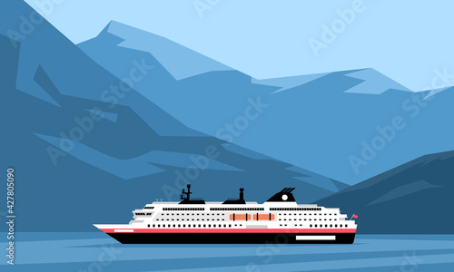 Hurtigruten Norwegian Fjord Cruise Ship Landscape Vector Artwork