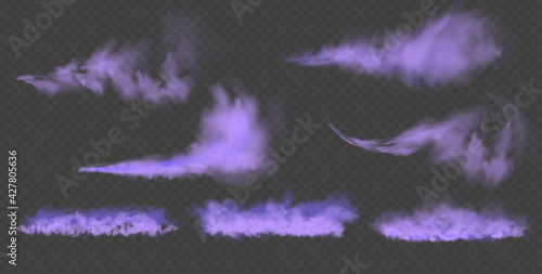 Purple fog or smoke.Purple dust with particles. Violet smoke or dust isolated on transparent background. Abstract mystical gas. Vector illustration.