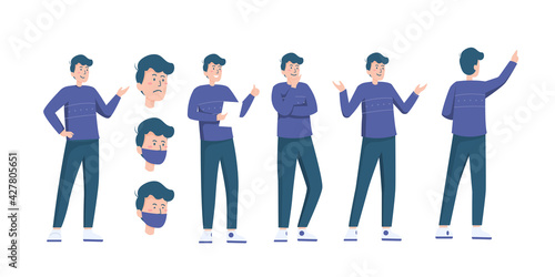 Flat illustration set of man do various pose and face expression in flat style vector easy to use