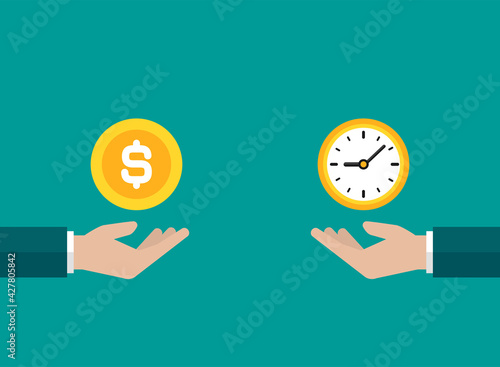 businessman hands with golden clock and money. Vector flat illustration on blue.