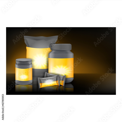 Sport Supplements Creative Promotion Poster Vector. Soy Protein And Whey, Bcaa And Bar Sport Supplements Blank Packages Advertising Banner. Sportsman Vitamin Style Concept Template Illustration