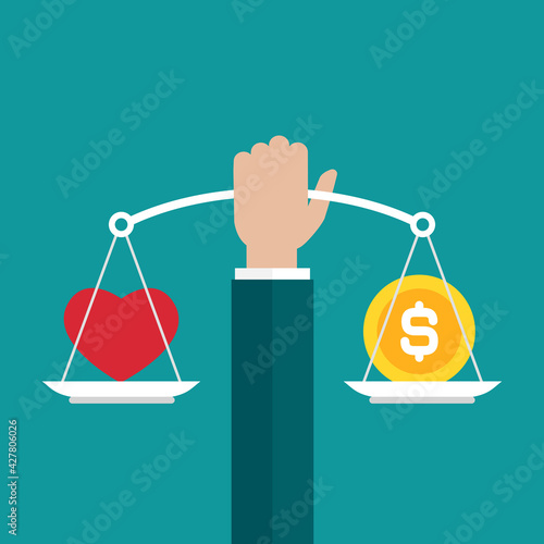 Businessman hand holds white mechanical scales with dollar coin and red heart in pans.