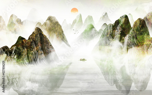 Photography Hand painted background of new Chinese Golden mood landscape illustration