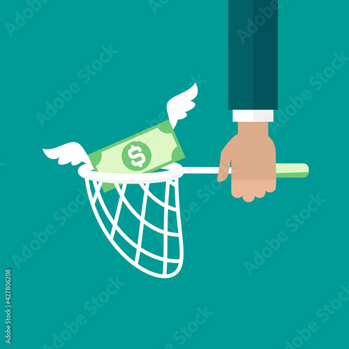 Businessman hand holds butterfly net with dollar banknote. Catch, hunt, chase money symbol.