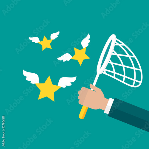 Businessman hand holds butterfly net with stars. Catch, hunt, chase symbol.