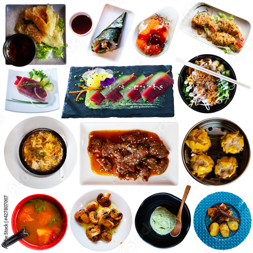 Set of Japanese food collage on white background. High quality photo