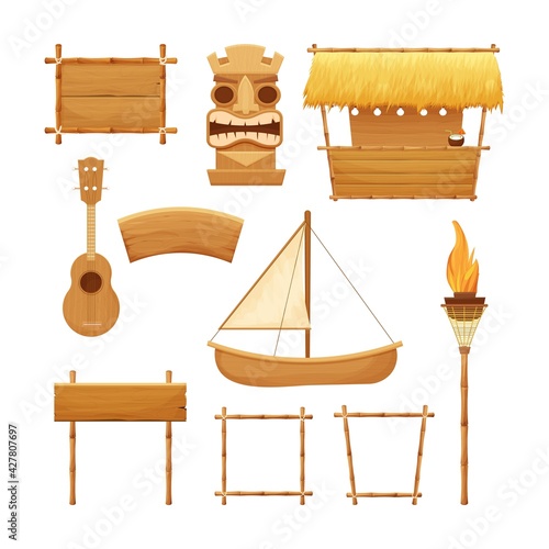 Hawaiian set holiday traditional wooden elements in cartoon style isolated in white background. Beach bar with straw, canoe boat, bamboo frames and decorations, ukulele, beach torch, tiki mask.