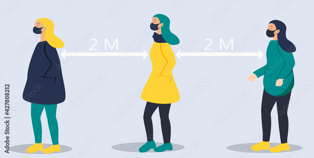 vector hand drawn illustration on the topic of social distance during a pandemic. women stand at a distance of 2 meters from each other. trend illustration in flat style