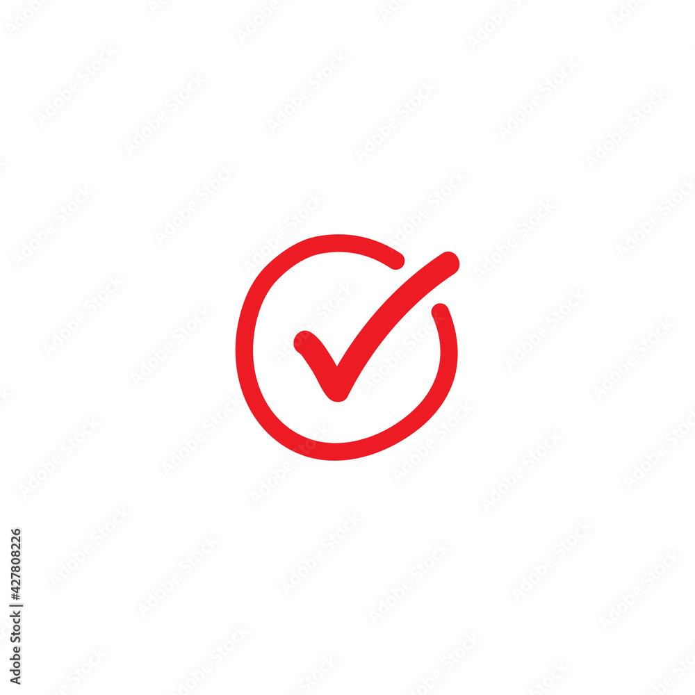 Valid Seal hand drawn icon. Red calligraphic tick in red circle. Flat OK sticker icon. Valid Seal hand drawn icon. Red calligraphic tick in red circle. Flat OK sticker icon.