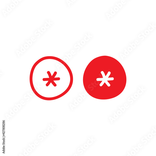 red hand drawn asterisk footnote in circle icon. Flat icon of lopsided footnote isolated on white background