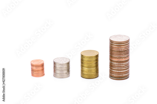A pile of coins on a white background Concept of finance, investment, business growth, banking and savings.