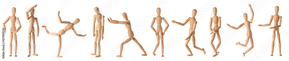 Collage of wooden mannequins in different positions on white background Collage of wooden mannequins in different positions on white background