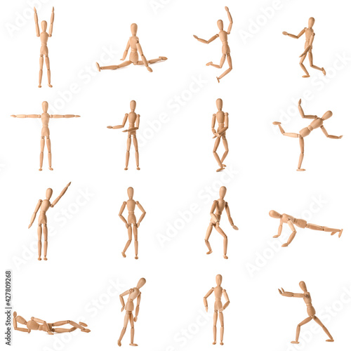 Collage of wooden mannequins in different positions on white background