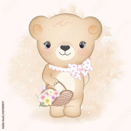 Little bear holding flowers in basket watercolor illustration
