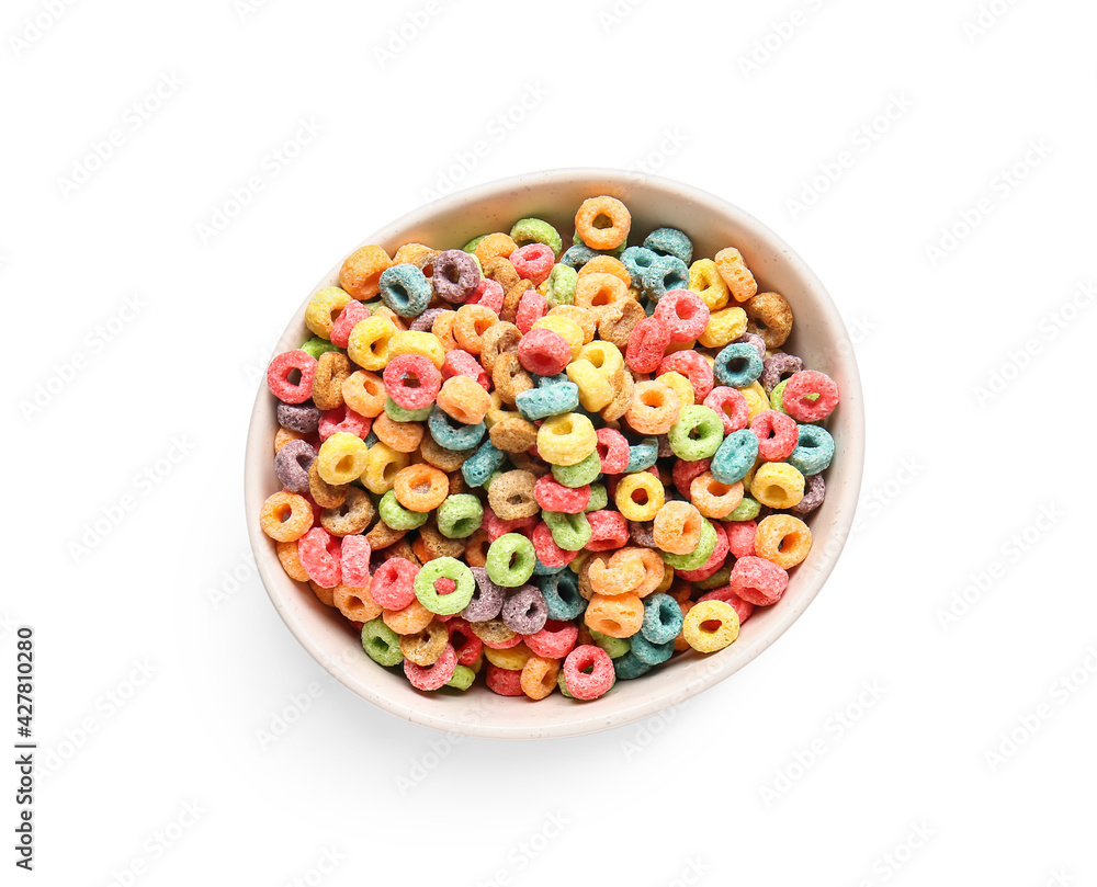 Bowl with tasty cereal rings on white background