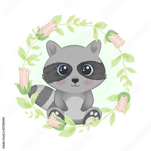 Cute Little Raccoon and flora frame  cartoon animal watercolor illustration