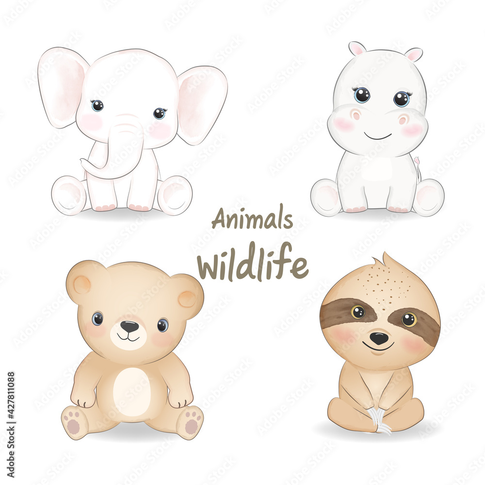 Fototapeta premium Cute animals wildlife set, animal watercolor illustration
