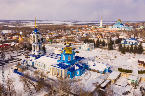 City of Zadonsk. Church of the Assumption of the Blessed Virgin Mary and the Zadonsky Nativity of the Mother of God monastery. View from above. Russia photo