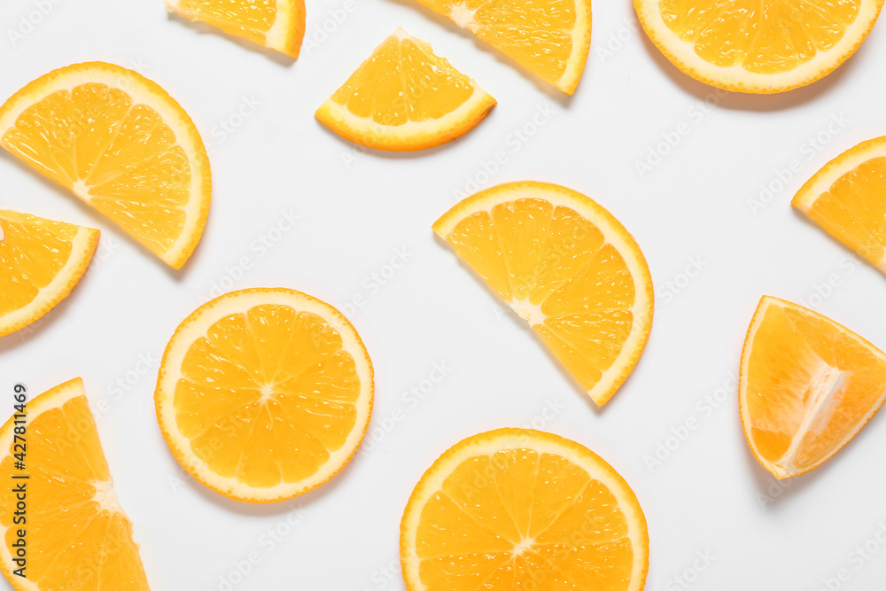 Tasty orange pieces on white background Tasty orange pieces on white background