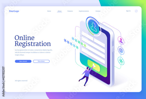 Online registration isometric landing page. Tiny man signing up or login to internet account on huge smartphone with app interface on screen. Secure authentication in networks, 3d vector web banner