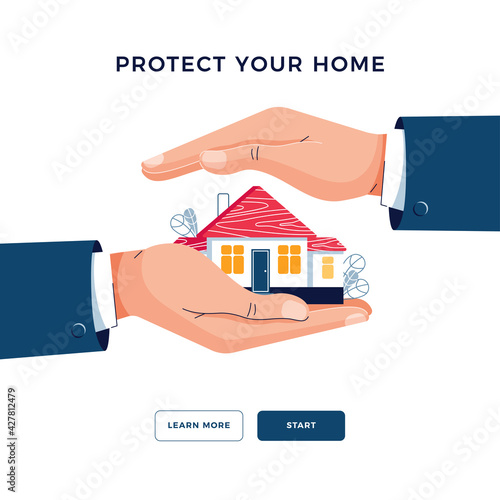 Protect your home banner. Businessman's hands are covering property. Real estate, housing, mortgage insurance, house protection, home safety security business service concept. Flat vector illustration