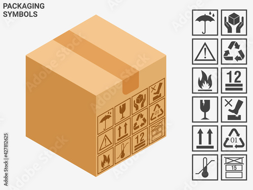 Packaging symbols. Collection of vector icons describing rules of careful cargo transportation: breakable, flammable, protect from rain and other warning symbols. Regular and isometric option.