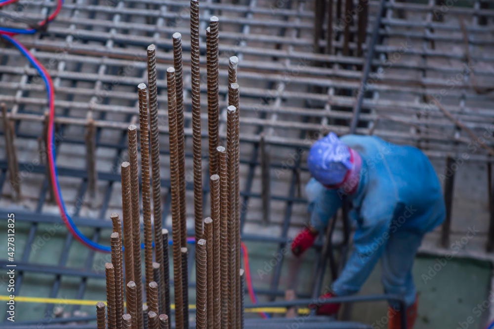 Reinforcement steel rod and deformed bar with rebar at construction