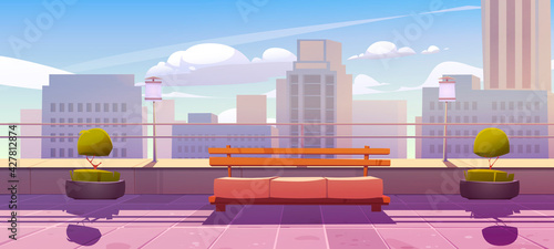 Rooftop terrace with bench on city view background. Empty patio on skyscraper roof or balcony with railing and potted plants. Outdoor area for relax on modern cityscape, Cartoon vector illustration.