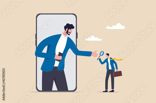 KYC, Know your customer process to identify user in online banking, cryptocurrency trading or cyber transaction concept, businessman using magnifying glass to analyze, identify user on smartphone app.