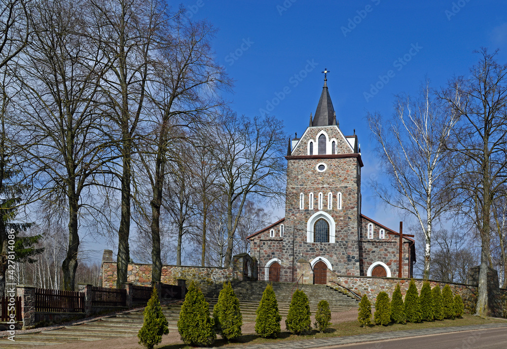 consecrated in 1926, the neo-Gothic Catholic church of Our Lady of Czestochowa and Saint Kazimierz in the village of Majewo Koscielne in Podlasie, Poland. General view of the temple