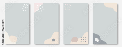 Set of trendy vertical abstract backgrounds. Wavy shapes, modern elements in pastel colors. Template for social media posting, copy space.