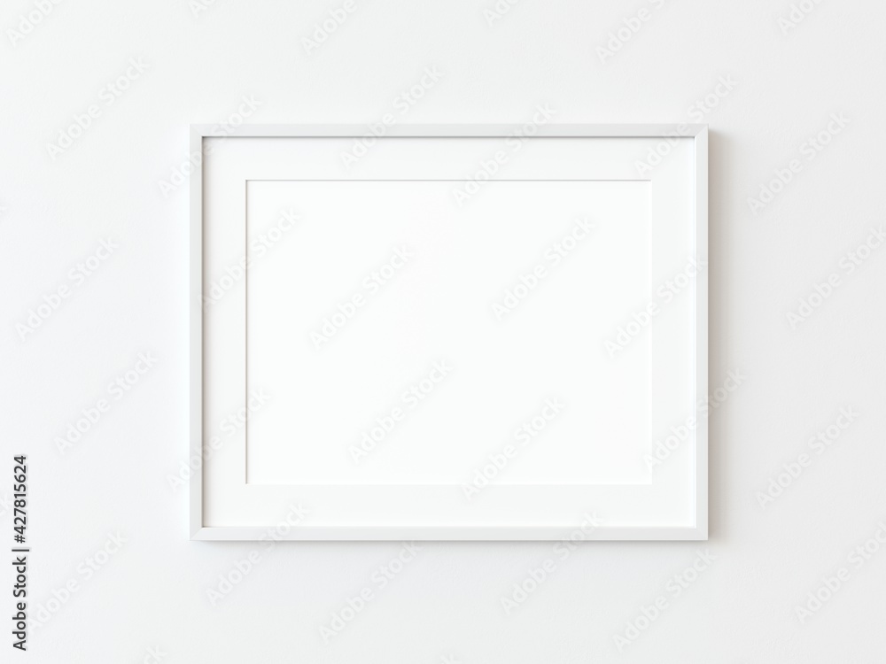 One white thin rectangular horizontal frame hanging on a white textured wall mockup, Flat lay, top view, 3D illustration One white thin rectangular horizontal frame hanging on a white textured wall mockup, Flat lay, top view, 3D illustration